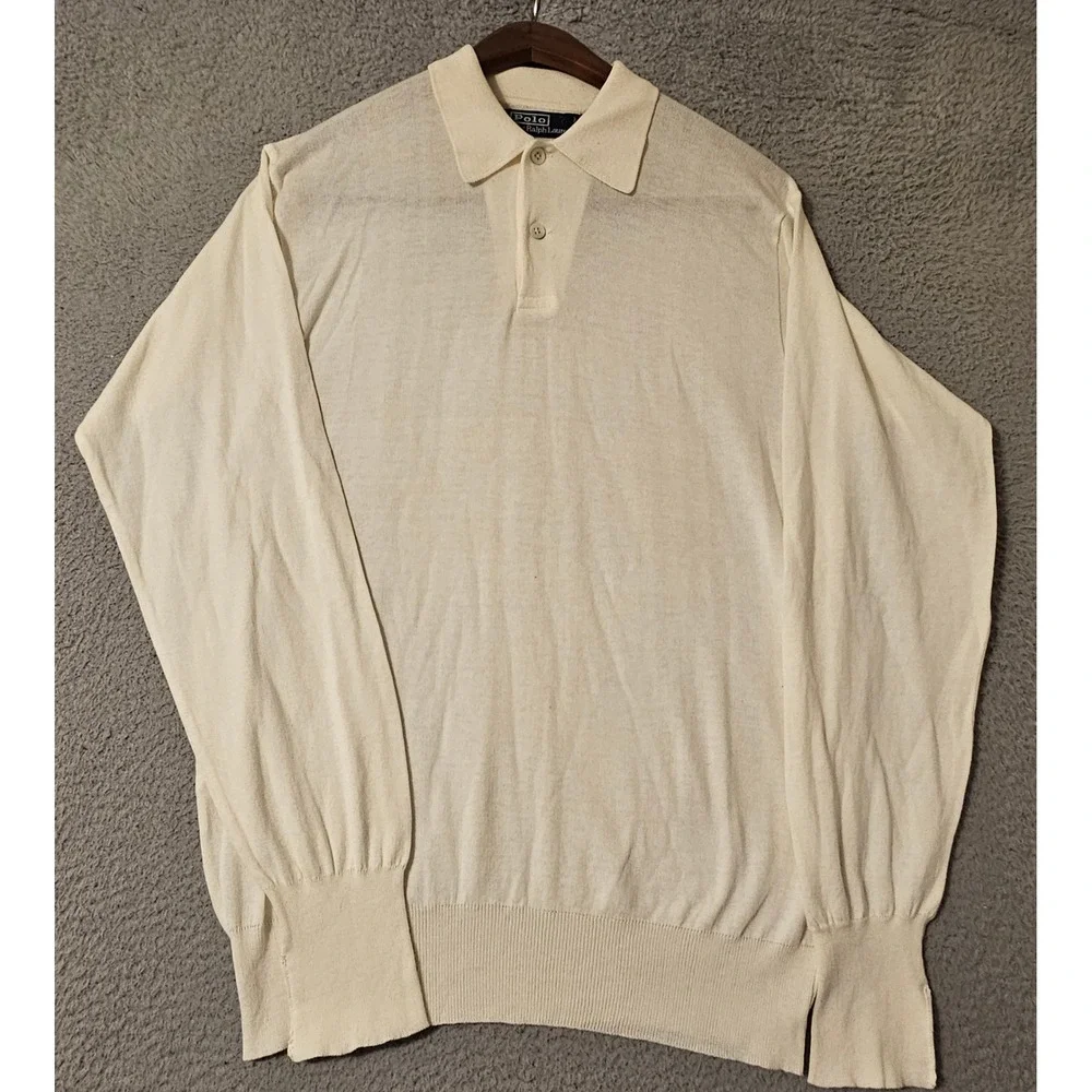 Polo Ralph Lauren Mens Cream Cotton Long Sleeve Polo Sweater Made in Italy Large